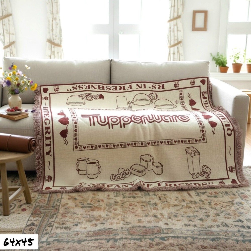 VTG Tupperware Promotional Throw‎ Blanket Afghan Tasseled White Maroon Red 64x45
